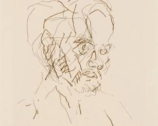 230 Frank Auerbach (1931-2024) "Leon Kossoff" from "Six Etchings of Heads," 1980-81 Etching on wove paper A studio copy aside from the edition of 50 Signed, titled, dated, and inscribed, all in pencil in the lower margin: Auerbach 80 / "Studio Copy" / "to Terry with many thanks, Frank"; Terry Wilson at Palm Tree Studios, London, England, prntr.; Bernard Jacobsen, London, England, pub. Plate: 6" H x 5.5" W; Sight: 7.25" H x 6.5" W Estimate: $700 - $900
