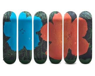 369 After Andy Warhol (1928-1987) A skateboard deck hexaptych after "Flowers" by The Skateroom, 2017 Edition: 161/500 Each top printed: THE SKATEROOM / X / [photo print of Warhol with signature] Screen-printed skateboards 6 pieces Each: 31.75" L x 8" W Estimate: $700 - $900
