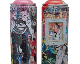 346 Mr. Brainwash (b. 1966) Two spray paint cans after Banksy, 2020 Editions: 117/150 and 41/200 Each signed, dated, titled, and numbered: Mr. Brainwash; one numbered to artist's label: 295514; and printed: 2019 © & TM Amusement Art LLC; the other numbered: 51960; and printed: Illustration(s) SEPS © Licensed by Curtis Licensing' each printed to underside: LIFE IS BEAUTIFUL Each housed in original display box 2 pieces Each can: 7.5" H x 2.625" Dia.; Each box: 3.375" H x 9" W x 4.25" D Estimate: $300 - $500