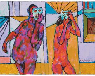 74 Harry Sternberg (1904-2002) Nude figures with masks Oil on panel Signed lower righ74 Harry Sternberg (1904-2002) Nude figures with masks Oil on panel Signed lower right: Sternberg 9" H x 12" W Estimate: $500 - $700t: Sternberg 9" H x 12" W Estimate: $500 - $700