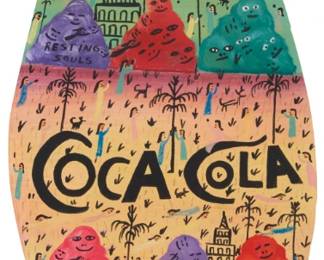 333 Howard Finster (1916-2001) Mr. Coke #12,592, 1991 Paint and marker on cut-out panel Signed and extensively inscribed, recto: Howard Finster; signed, dated, inscribed, and with the artist's device, verso: Howard Finster / 1992 / "12.000.592 - works since 1976 / by Howard Finster / Mar. 1. 1991. 1:02: / Past Midnight / God Bless You All" 34" H x 10.25" W (irreg.) Estimate: $800 - $1,200