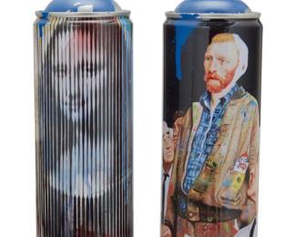 347 Mr. Brainwash (b. 1966) Two spray paint cans after Banksy, 2020 Editions: 116/150 and 39/150 Each signed, dated, titled, and numbered: Mr. Brainwash; one numbered to artist's label: 297523; and printed: 2019 © & TM Amusement Art LLC; the other numbered: 297488; and printed: Illustration(s) SEPS © Licensed by Curtis Licensing; each printed to underside: LIFE IS BEAUTIFUL Each housed in original display box 2 pieces Each can: 7.5" H x 2.625" Dia.; Each box: 3.375" H x 9" W x 4.25" D Estimate: $300 - $500