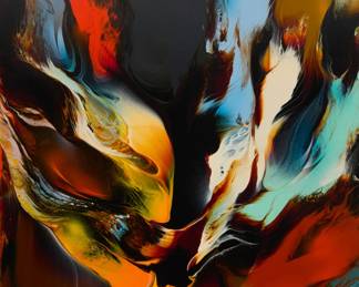 86 Leonardo Nierman (1932-2023) "Magic Fire" Oil on Masonite Signed lower left: Nierman; titled verso 48" H x 35.5" W Estimate: $2,500 - $3,500