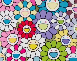 350 Takashi Murakami (b. 1962) "A Little Flower Painting: Yellow, White and Purple Flowers," 2018 Offset lithograph in colors on paper Edition: 96/300 Signed indistinctly and numbered in the lower right corner of the image Sight: 21" H x 17" W Estimate: $800 - $1,200