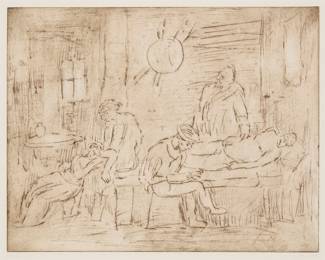25 Leon Kossoff (1926-2019) "The Testament of Eudamidas," from "The Poussin Project: A Suite of Prints after Nicolas Poussin," 1998 Etching in brown on Arches paper Edition: Artist's Proof 8 (one of 10 artist's proofs aside from the edition of 20) Signed, dated, and inscribed "A/P 8," all in pencil in the lower margin: Kossoff 98; inscribed "LK99 166" and "D/C" in pencil, in another hand, verso Plate: 16.5" H x 21" W; Sheet: 22.5" H x 27" W Estimate: $2,000 - $3,000