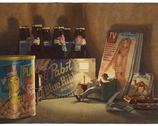 132 Scott Moore (b. 1949) "TV Dinner" Watercolor on Arches paper Signed and inscribed lower right: Scott Moore / AWS - NWS; inscribed on the frame's backing paper, possibly in another hand: Scott Moore / TV Dinner Image: 21.5" H x 29.5" W; Sheet: 24" H x 32" W Estimate: $1,000 - $2,000