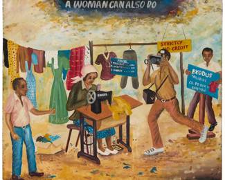 133 Joseph Bertiers  (b. 1963) "What A Man Can Do A Woman Can Also Do," circa 1990s Oil on flakeboard Signed lower right: Bertiers; titled along the center of the upper edge 20" H x 22" W Estimate: $600 - $800