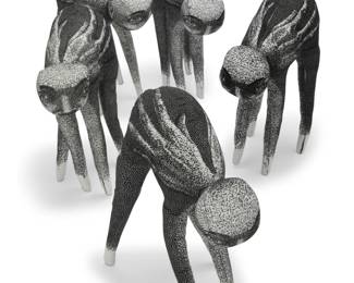 419 Camilla Taylor (b. 1981) Figures from the series "With Only These" Relief print on fabric, steel Editions: 12, 14, 23, 30, and 38 of 40 Each signed and variously numbered: C. Taylor Each: 14" H x 10" W x 5" D approximately Estimate: $200 - $400