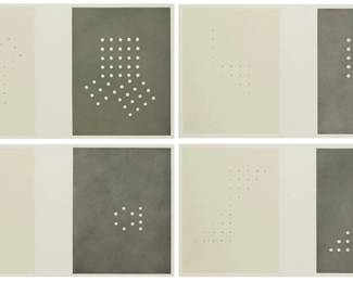 14 Mel Bochner (b. 1940) "QED," 1974 The complete set of four etching and aquatints in colors with chine collé on wove paper Edition: 8/25 (there were also 10 artist's proofs) Each signed, titled, dated, and numbered in pencil in the lower margin: Mel Bochner 1974; Kathan Brown at Crown Point Press, Oakland, CA, prntr.; Parasol Press, Ltd., New York, NY, pub; with their blindstamps in the lower right margin corner; loose as issued; together with the justification page; all housed in the original cream linen-covered portfolio box Plate of each: 14" H x 11" W; Sheet of each: 27" H x 38" W Estimate: $1,500 - $2,500