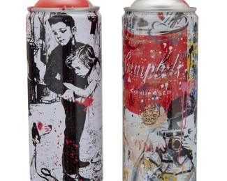 343 Mr. Brainwash (b. 1966) Two spray paint cans after Banksy, 2020 Editions: 117/150 and 87/125 Each signed, titled, dated, and numbered: Brainwash; each printed: 2019 © & TM AMUSEMENT ART LLC; each printed to underside: LIFE IS BEAUTIFUL Each housed in original display box 2 pieces Each can: 7.5" H x 2.625" Dia.; Each box: 3.375" H x 9" W x 4.25" D Estimate: $300 - $500