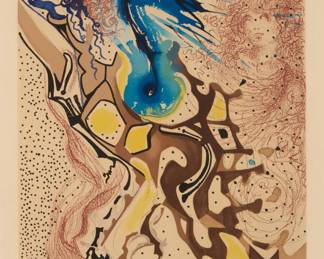 22 Salvador Dalí (1904-1989) "Angels of the Rebirth," from the "Aliyah" portfolio, 1968 Lithograph in colors on paper Edition: 29/250 (aside from the lettered edition A/J-Y/J, the Tirage edition of 275, an unknown number of "épreuve d'artiste" impressions, and "several sets for author, artist, publisher") Signed and numbered in pencil in the lower margin: Dalí; Shorewood Press, New York, NY, pub. Image: 20" H x 15.75" W; Sight: 23.75" H x 17.875" W Estimate: $600 - $800