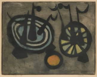 228 Geoffrey Clarke (1924-2014) "Footballers," 1953 Etching and aquatint in colors on paper Edition: 1/50 Signed, dated, and numbered in pencil in the lower margin: Clarke / 53.; titled and dated again on a gallery label affixed to the frame's backing board Plate: 10.875" H x 13.875" W; Sight:11.5" H x 14.75" W Estimate: $700 - $900