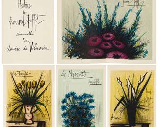 20 Bernard Buffet (1928-1999) "Herbier de Bernard Buffet" portfolio, 1966 The complete set of sixteen lithographs in colors on BFK Rives paper Edition: 171/230 Signed in pencil and numbered on the justification: Louise de Vilmorin and Bernard Buffet; Mourlot, Paris, France, prntr.; A.C. Mazo, Paris, France, pub.; loose as issued; including one double-page frontispiece and fifteen one-page lithographs; with the signed justification page, title page, and table of contents page; housed together in the original green paper sleeve and green portfolio box Sheet of each (folded): 17.5" H x 12.75" W Estimate: $3,000 - $5,000