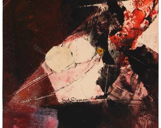 190 Syd Solomon (1917-2004) "Swinging Baroque" 1964 Mixed media with oil, collage, and pencil on paper Signed lower center: Syd Solomon; signed again, dated, titled, and inscribed on the frame's backing board in ink: "SSSSwinging [sic] Baroque / Syd Solomon 1964 / Oil on Paper / 7" x 8" / Study for Sentinel 65" Sight: 7" H x 8" W; Sheet: 9" x 8.5" W (irreg.) Estimate: $1,000 - $1,500