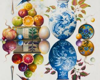 147 Guy Robinson (b. 1949) Surrealist still life with blue and white vase, 2021 Oil on linen Signed and dated lower right: g. Robinson / 9.9.'21 © 26" H x 24" W Estimate: $1,000 - $1,500