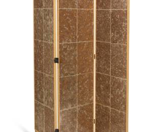 50 In the manner of Jean-Michel Frank (1895-1941) A Contemporary mica three panel dressing screen, late 20th/early 21st century Unmarked Each panel: 70.25" H x 16.5" W x 1" D; Stored: 3.125" D Estimate: $600 - $800