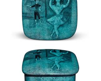 67 Polia Pillin (1909-1992) A glazed ceramic lidded box, mid-20th century Signed to underside: Pillin Depicting two dancing figures to lid 3.125" H x 6.25" W x 6.25" D Estimate: $400 - $600