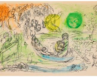 23 Marc Chagall (1887-1985) "Le Concert," from "Derrière le Miroir," no. 99-100, 1957 Lithograph in colors on wove paper From the edition of 2500 (there was also a separate, signed and numbered edition of 90) Unsigned, and with the usual central vertical crease and text, verso, all as issued; Fernand Mourlot, Paris, France, prntr.; Editions Maeght, Paris, France, pub. Image: 14" H x 22" W; Sheet 14.875" H x 22.125" W Estimate: $800 - $1,200