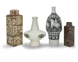 409 Four Modern ceramic vases Four works:  Nils Thorsson (1898-1975) A Royal Copenhagen faience 'Baca' vase, 1979-1983 With factory marks, artist's cipher, and numbered: 870/3455 / A 7.375" H x 2.375" W x 2.375" D  Johanne Gerber (20th Century) A Royal Copenhagen faience 'Baca' vase, 1974-1978 With factory marks, artist's cipher, and numbered: 719/3475 / 4 11.25" H x 3.875" W x 3.875" D  Richard Saar (1924-2004) A Saar Studios footed ceramic vase, circa 1970s Signed to underside: Saar; with later marks, likely in another hand 8.875" H x 6.125" W x 6.125" D  A Royal Delft Porceleyne Fles vase, 1992 With factory marks, date, and: $ Delft 12.25" H x 5.125" Dia.  4 Pieces Estimate: $300 - $500