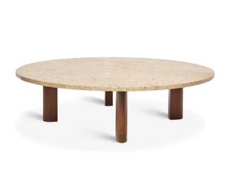 31 A Widdicomb travertine coffee table Mid-20th century Base with metal tag: MADE BY / john widdicomb; wood impressed: 7553 / 8554 Raised on a wood base Overall: 13.5" H x 48.5" Dia. Estimate: $300 - $500