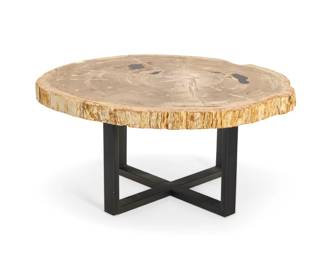 259 A Modern petrified wood table Late 20th century The top in-filled with resin, raised on an enameled metal X-form base 18.5" H x 40" W x 36.5" D Estimate: $800 - $1,200