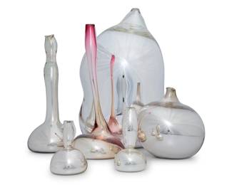 423 Six Daniele Fratarcangeli mirrored glass vases 2012-2013 Each incised with signature and variously dated: Daniele Fratarcangeli / 12/30/12 / 2/4/13 [x3] / 3/31/13 / 7/14/2013 The interiors mirrored 6 pieces Largest: 23.25" H x 14.25" W x 14" D; Shortest: 5.75" H x 4.125" Dia. Estimate: $400 - $600