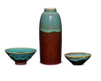 268 Harrison McIntosh (1914-2016) Three glazed stoneware vessels, mid-20th century Vase incised: MCINTOSH 594; larger bowl incised: MCINTOSH 616 Each with brown and thickly applied pale green glazes, comprising two footed bowls and a vase 3 pieces Vase: 8.625" H x 3.5" Dia.; Larger bowl: 2.5" H x 5.5" Dia.; Smaller bowl: 1.375" H x 3.625" Dia. Estimate: $1,000 - $1,500