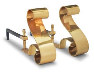 54 A pair of Gilbert Poillerat style brass scroll andirons 20th century Brackets marked in relief in the casting: PACKARD MALLOY PORTLAND OREGON In the style of Gilbert Poillerat (1902-1988), each with possibly later enameled metal bracket 2 pieces Each without bracket: 12.5" H x 14.75" W x 4.125" D; Each bracket: 11.5" L Estimate: $200 - $400