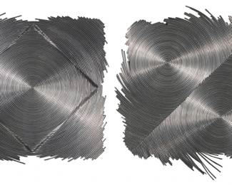 90 Aijiro Wakita (b. 1942) Two works:  "Quartered Square," from the "Sixteen Spiral Series," 1973 Lead and tin wire on wood Appears unsigned; titled and dated on a label on the frame's backing board: Sight: 11" H x 9.5" W (irreg.)  "Circle," from the "Sixteen Spiral Series," 1973 Lead and tin wire on wood Appears unsigned Sight: 9" H x 9" W (irreg.)  2 pieces Estimate: $700 - $1,000