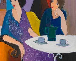 155 Itzchak Tarkay (1935-2012) Seated ladies having coffee Acrylic on canvas Signed lower left: Tarkay 39.25" H x 32" W Estimate: $1,200 - $1,800