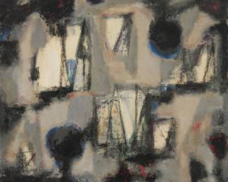 194 Jun Dobashi (1910-1975) "Composition Village Noir," 1956 Oil on canvas Signed, dated, and inscribed lower right: Jun Dobashi / 56. "à Paris."; signed, dated, and inscribed again, and titled, all on the stretcher 28.75" H x 23.75" W Estimate: $800 - $1,200