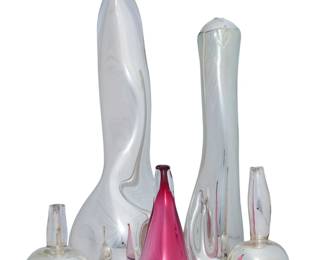 425 Five Daniele Fratarcangeli mirrored glass vases 2012-2013 Each incised with signature and variously dated: Daniele Fratarcangeli / 12/30/12 / 2/4/13 [x2] / 3/31/13 / 5/7/13 The interiors mirrored 5 pieces Tallest: 24" H x 8" W x 7.75" D; Shortest: 5.75" H x 4.75" Dia. Estimate: $400 - $600