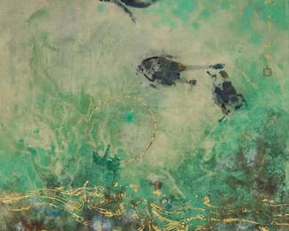 135 Chen Chi (1912-2005) Untitled (deep sea divers) Watercolor and gold leaf on thin paper laid to Masonite Signed in gold leaf lower right: Chen Chi; presumably signed again and/or titled with Chinese characters in gold leaf, together with a red ink stamp, in the upper portion of the right quadrant Sight: 19.625" H x 16.625" W Estimate: $1,000 - $1,500