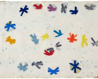 117 Hilda Levy (b. 1909) "Cosmic Cleavage # I," 1963 Casein on Arches paper Signed and titled (twice each) in pencil on the frame's backing board: Hilda Levy; titled in ink on the verso of the sheet; titled again, dated, and inscribed "Gift to JNL 1965," all on a handwritten label affixed to a former frame's backing board that accompanies the painting 22.5" H x 29.75" W Estimate: $2,000 - $3,000