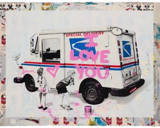 348 Mr. Brainwash (b. 1966) "Special Delivery," 2022 Mixed media on paper Edition: 1/1 Signed in ink along the right edge: Mr. Brainwash; signed again and with the artist's device, dated "2022-," and numbered, all in crayon, and with the artist's red ink thumbprint, all verso; titled from the artist's certificate of authenticity attached to the frame's backing board Image/Sheet: 22.5" H x 30.25" W Estimate: $1,000 - $1,500