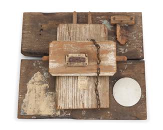 6 George Herms (b. 1935) "Altar," 1953 Mixed media and found wood Signed and dated verso: GHerms / 53; titled and with an alternative date "1950," recto 15.5" H x 18" W x 4.625" D Estimate: $1,000 - $1,500