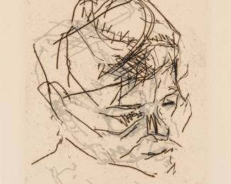 231 Frank Auerbach (1931-2024) "R B Kitaj," from "Six Etchings of Heads," 1980-81 Etching in gray and black on wove paper Edition: 16/50 Signed, titled, dated, and numbered, all in pencil in the lower margin: Auerbach 80; Terry Wilson at Palm Tree Studios, London, England, prntr.; Bernard Jacobsen, London, England, pub. Plate: 6" H x 5.375" W; Sight: 7" H x 6.5" W Estimate: $700 - $900