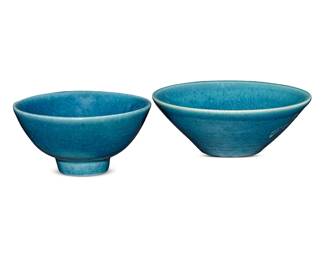272 Harrison McIntosh (1914-2016) Two glazed stoneware bowls, mid-20th century Larger incised: HARRISON MCINTOSH / 182; smaller incised: HM [within a square] Each with glossy blue glaze 2 pieces Larger: 1.375" H x 3.75" Dia.; Smaller: 1.5" H x 3" Dia. Estimate: $300 - $400