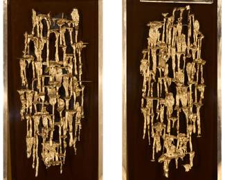 288 A pair of Brutalist style gilt metal panels Mid/late 20th century Each unmarked Each gilt-metal abstract drip sculpture mounted to acrylic, set in a gold-toned metal frame with gallery light, electrified 2 pieces Each framed: 35.75" H x 18" W x 2.75" D; Each with light: 8.25" D Estimate: $1,000 - $1,500