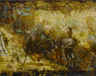 114 Raphael Mazzucco (b. 1970) Soldier encampment Ink, pigment, and gold leaf encased in resin mounted to plywood Appears unsigned 25" H x 84" W Estimate: $3,000 - $5,000