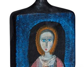 68 Polia Pillin (1909-1992) A square form glazed ceramic vase, mid-20th century Signed to underside: Pillin Each side depicting a blonde woman with blue eyes 9" H x 6.75" W x 2.375" D Estimate: $400 - $600