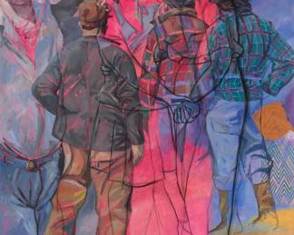 76 Jan Vanriet (b. 1948) "All Reasons to be Optimistic," 1986 Alkyd, charcoal, and collage on canvas Signed and dated in charcoal lower right: Jan Vanriet 1986; titled along the lower edge 93" H x 73" W Estimate: $5,000 - $7,000