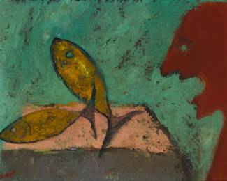 400 Milton Glaser (1929-2020) A figure and two fish, 1951 Oil on canvasboard Signed and dated lower left: Glaser / 51 14" H x 18" W Estimate: $500 - $700