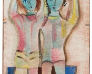 66 Polia Pillin (1909-1992) A glazed ceramic plaque, mid-20th century Signed bottom right: Polia Pillin Depicting two female figures on a swing, mounted to a framed board Ceramic: 16" H x 7.125" W Estimate: $600 - $800