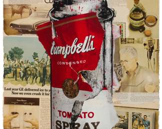 342 Mr. Brainwash (b. 1966) "Torn Spray Can," 2020 Mixed media and paper collage on paper Edition: 1/1 Signed in ink in the lower left quadrant, along the left edge of the spray can: Mr. Brainwash; signed again and with the artist's device, dated "2020-," and numbered, all in crayon, and with the artist's red ink thumbprint, all verso; titled from the artist's certificate of authenticity affixed to the frame's backing board Image/Sheet: 30.25" H x 22.5" W Estimate: $1,500 - $2,500