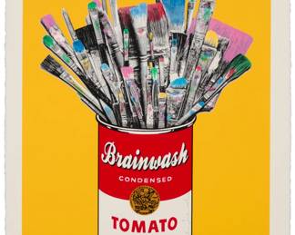 344 Mr. Brainwash (b. 1966) "Tomato Pop (Yellow)," 2023 Screenprint in colors on wove paper Edition: 65/95 Signed in pencil in the lower right quadrant, along the right edge of the soup can: Mr. Brainwash; numbered in pencil in the lower margin; dated "2023-" in pencil and with the artist's red ink thumbprint, all verso; titled in the image and from the artist's certificate of authenticity attached to the frame's backing board Image: 27.375" H x 19.5" W; Sheet: 30" H x 22.5" W Estimate: $1,000 - $1,500