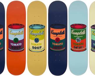 368 After Andy Warhol (1928-1987) Six skateboard decks with Campbell's soup can prints by The Skateroom, circa 2020 Each from the edition of 5,000 Each top printed: THE SKATEROOM / Art for Social Impact / X / [photo print of Warhol with signature] Screen-printed skateboards 6 pieces Each: 31.75" L x 8" W Estimate: $700 - $900