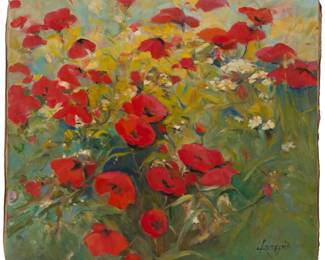 127 Babken Kolozyan (1909-1994) "Poppies," 1979 Oil on canvas Signed in Armenian and dated lower right: Kolozyan 1979; signed and dated again, and titled, all in Armenian, verso 27.75" H x 31.75" W Estimate: $2,000 - $3,000