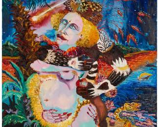 72 Peter Dean (1934-1993) "Star Gazers," 1981 Oil with glitter and sequin embellishments on canvas Signed lower right: P. Dean; signed again, "Peter Dean," titled, and dated, all in white pigment, verso 60.125" H x 50.125" W Estimate: $700 - $900