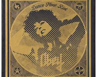 361 Shepard Fairey (b. 1970) "Dance Floor Riot" LP Box Set, 2011 The complete set of 36 screenprints on cream Speckletone paper Edition: 19/150 Each of the 36 screenprints signed, dated, and numbered in pencil in the lower margin: Shepard Fairey 11; together with the signed, dated, and numbered certificate of authenticity/ title/colophon page, the CD in the faux vinyl record sleeve, the stencil, and the sheet of nine stickers; all loose; all housed within the original black paper-covered portfolio-box with the edition number and the gold embossed design and lettering; Obey Giant, Los Angeles, CA, pub. Image of each screenprint: 11.25" H x 11.25" W; Sheet of each screenprint: 12" H x 12" W Estimate: $1,200 - $1,800